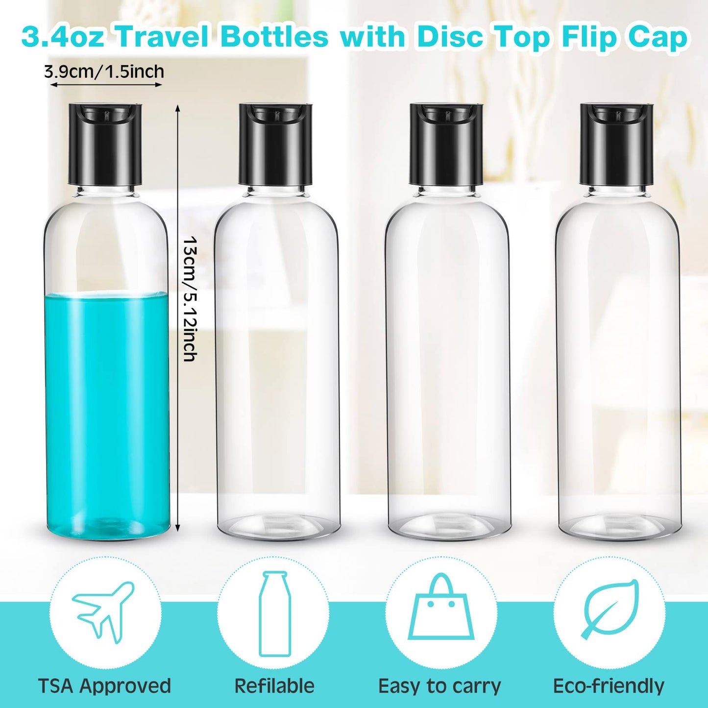 Roshtia 100 Pack 3.4 oz Travel Bottles for Toiletries, Clear Refillable Plastic Bottles with Disc Top Flip Cap, Leak Proof Empty Containers for Lotion, Shampoo, Essential Oil, Bulk Travel Size(Black)