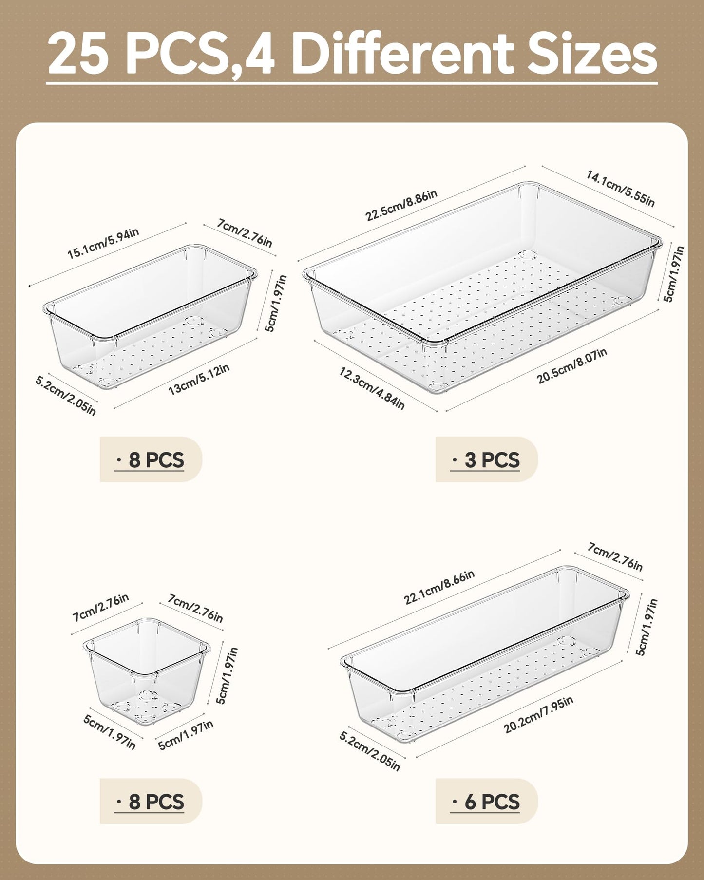 KEMETHY 25 PCS Plastic Drawer Organizers Set, 4 Sizes Vanity Organizer, Makeup and Desk Drawer Organizer Trays, Organization and Storage for Makeup, Bathroom, Kitchen Utensils and Office (Clear)