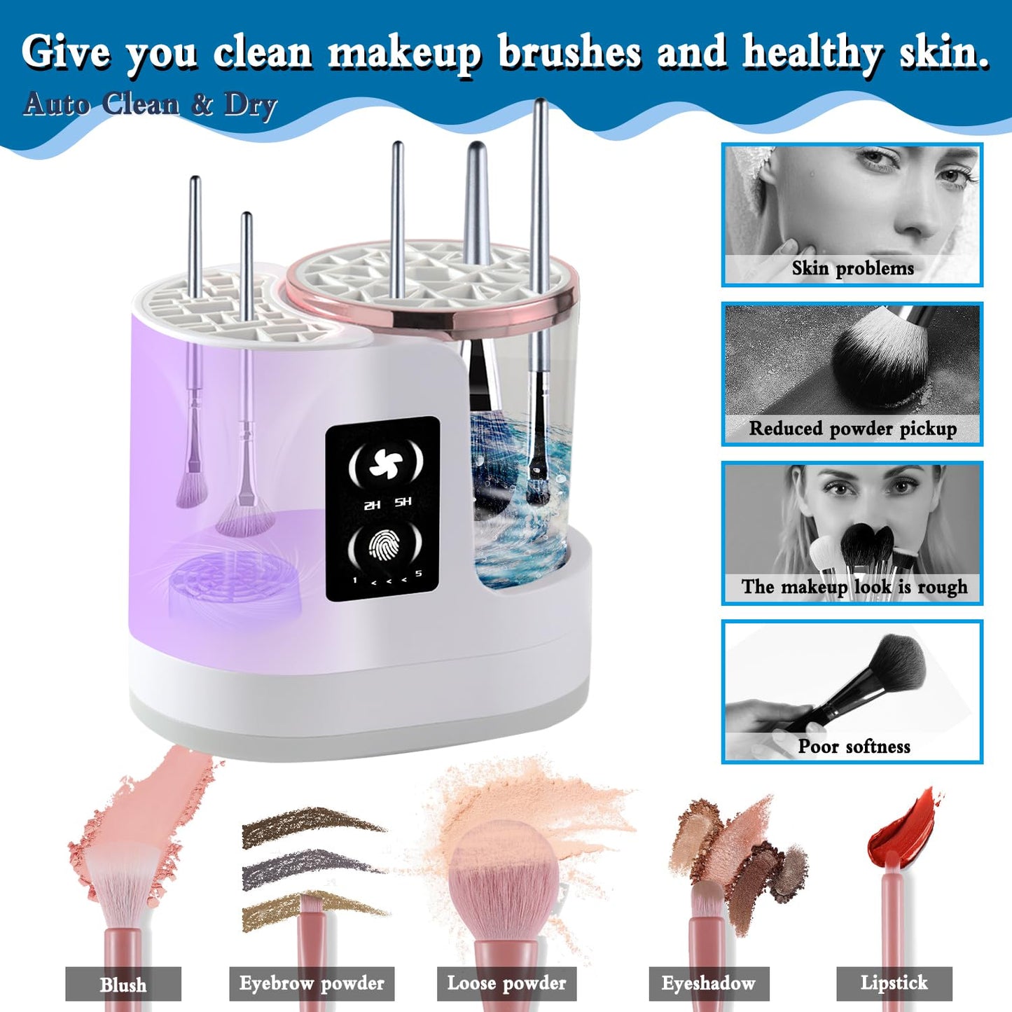 3 in 1 Makeup Brush Washer Electric Makeup Brush Cleaner Machine & Dryer & Holder Combined, Portable USB Deep Cleaning for All Size Beauty Makeup Brush Set and Sponges Efficient Wash & Dry