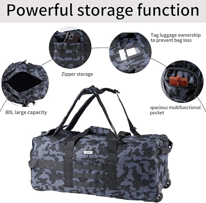 80L Waterproof Rolling Duffel Bag with Quick-Release Straps, Military Tactical Wheeled Foldable For Deployment Traveling Camping Sporting (Camouflage +Drawstring bag)