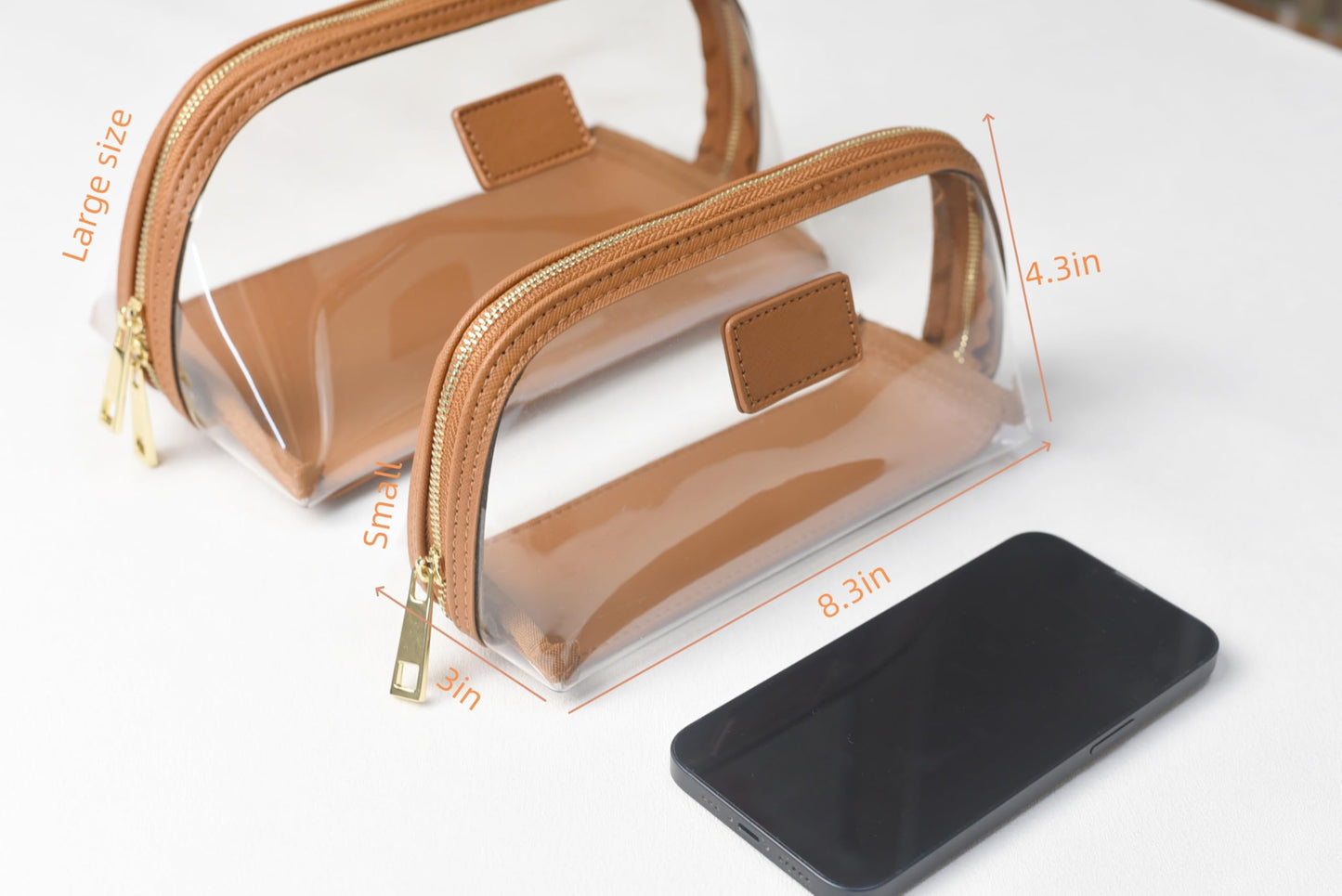 CONLINGDA clear makeup bag,leather makeup case,travel toiletry bag,portable cosmetic bag,transparent waterproof cosmetic organizer storage bag (Brown, Small)