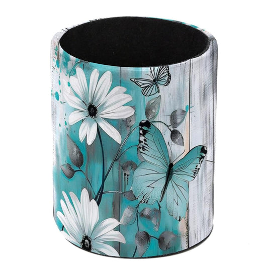 KikandKo Pencil Holder for Desk, Daisy Butterfly on Rustic Teal Plank Pen Cup Makeup Brush Holder, Leather Desktop Organizer Storage Case Stationery for School Home Office Supplies