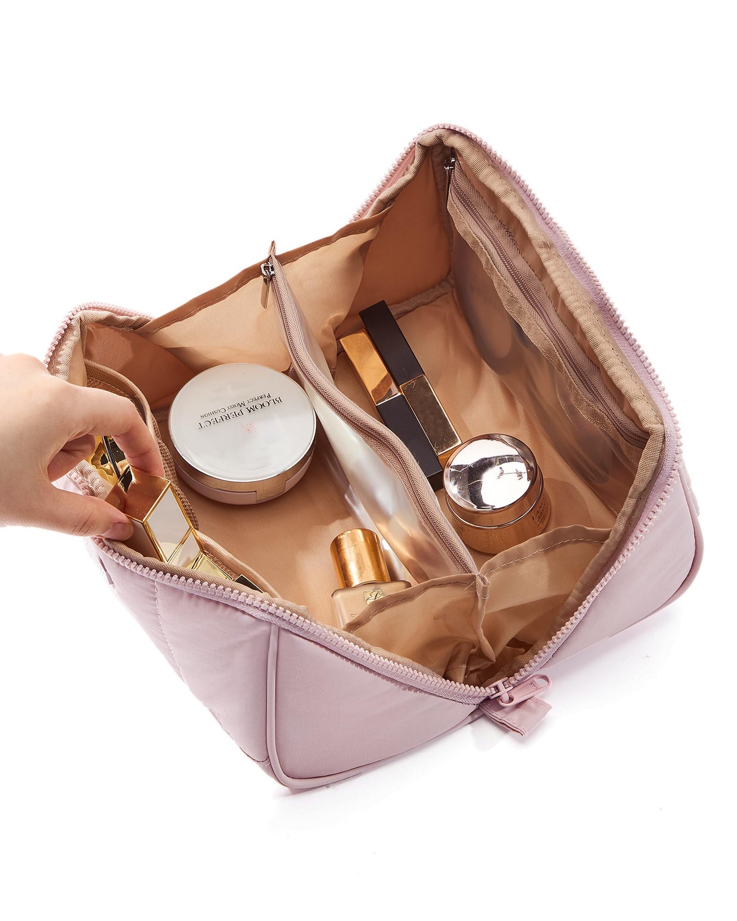 NISHEL Travel Makeup Bag for Women, Fluffy & Lightweight Open Flat Cosmetic Organizer with Multiple Functional Divider for Brush Independent Storage, Handle for Easy Portability, Peach-Pink
