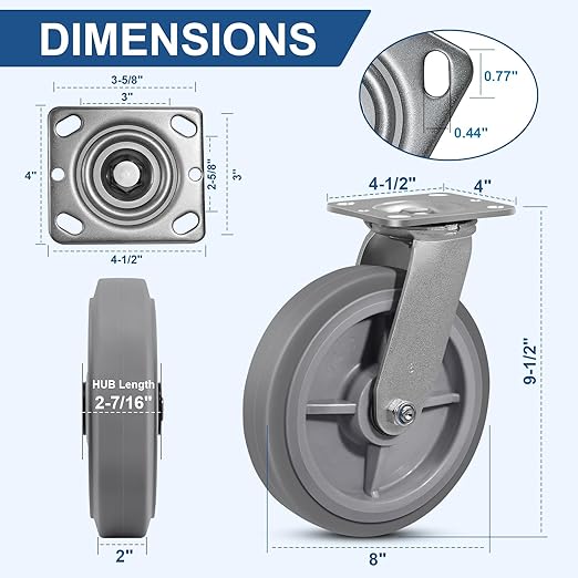8 Inch Rubber Wheels (Flat Tread)- Heavy Duty Casters, Industrial Caster Wheels- with up to 1200 LB Capacity- Use for Dollies, Utility and Maintenance Carts(1 Swivel)