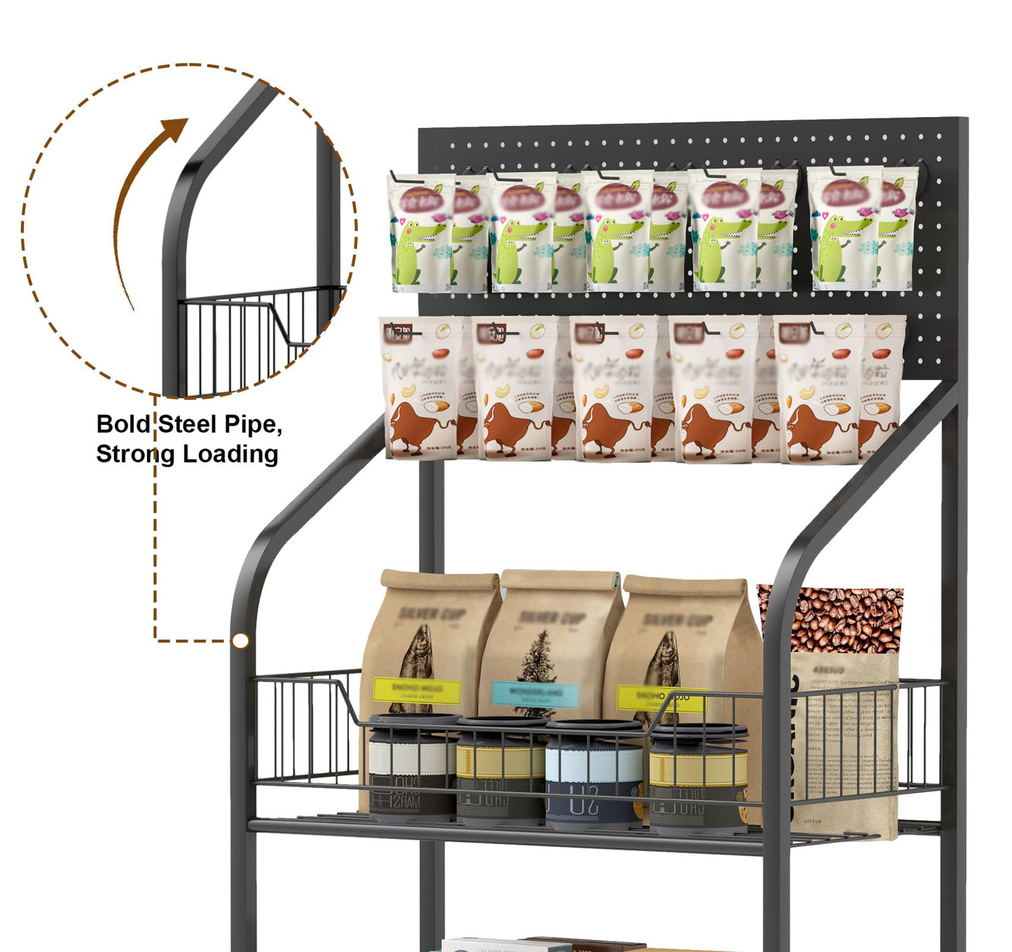 Nisorpa 4 Tier Supermarket Retail Display Racks, Free-Standing Metal Snack Candy Display Racks Shelf with Wheels Chips Rack Display Stand for Home Convenience Stores Kitchen, 19.6x56.2x10.6 Inches