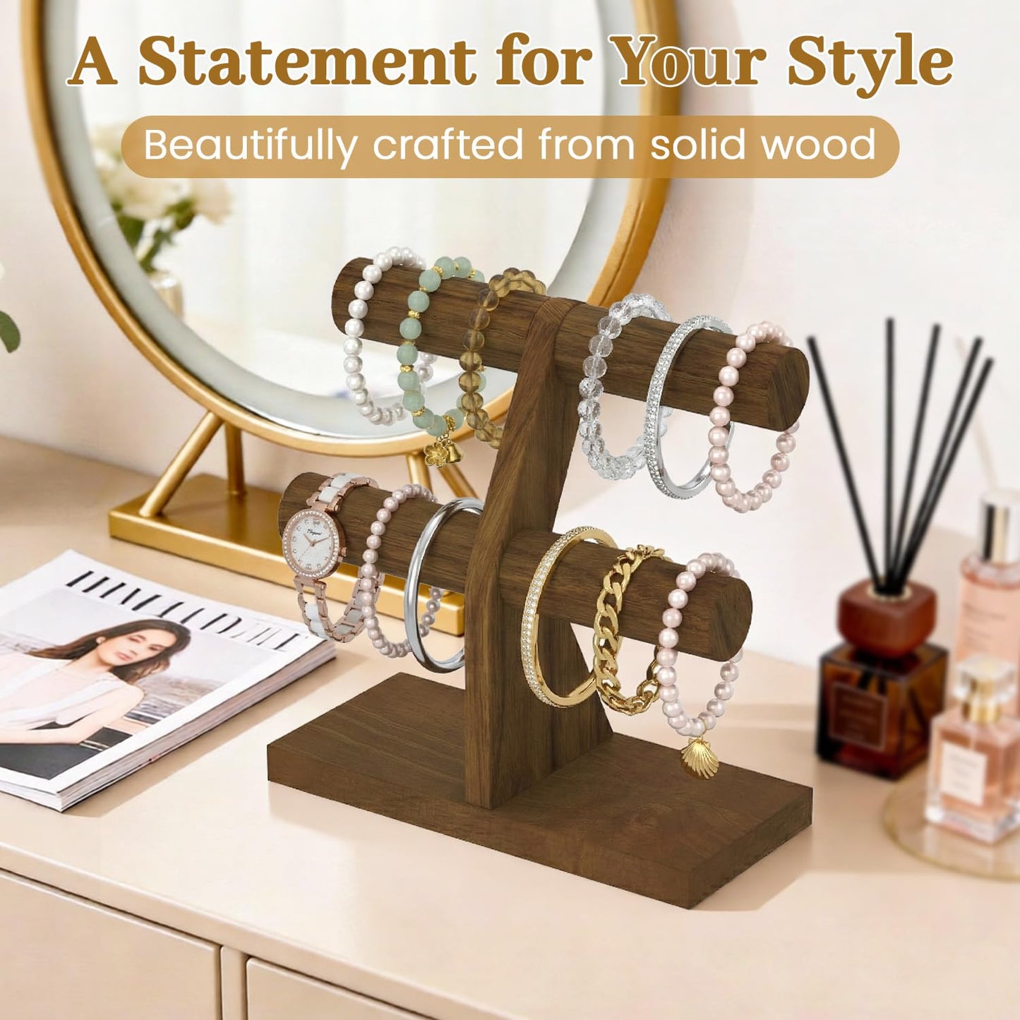 MODOWEY Bracelet Holder Organizer Display Stand, 2 Tier Wooden T Bar Bangle Rack for Dresser, Small Jewelry Hanger with Rod for Vendor Selling, Desktop Vertical Jewellery Tree for Home Business, Brown