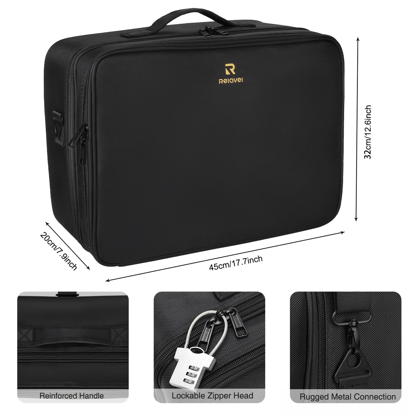 Relavel Extra Large Makeup Case, Professional Makeup Artist Bag Double Layer Compartment Cosmetic Travel Organizer Bag Makeup Brush Storage Holder with Adjustable Dividers and Shoulder Strap, Black