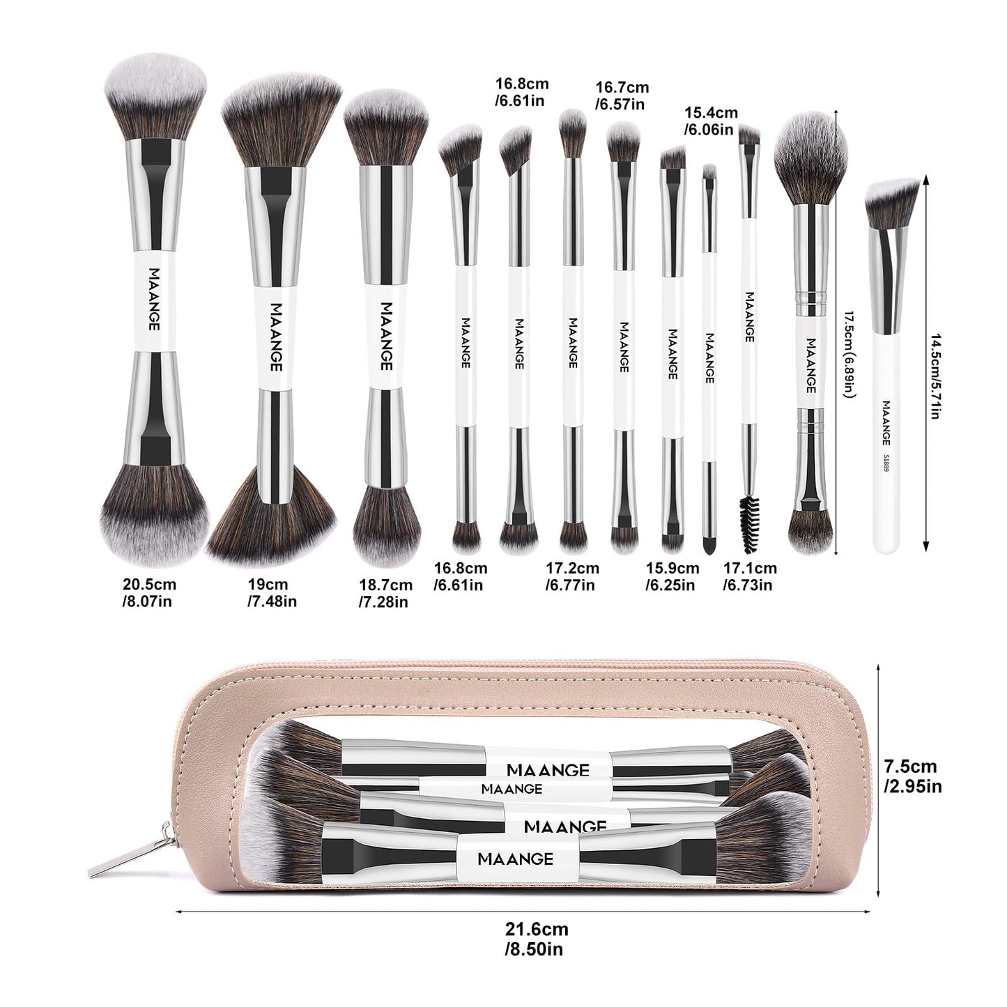 MAANGE Makeup Brush Set 23-In-12 Pcs Essential Foundation Makeup Brushes for Powder Concealers Eye Shadows Blush Make Up Brushes with Travel Makeup Case - Silver
