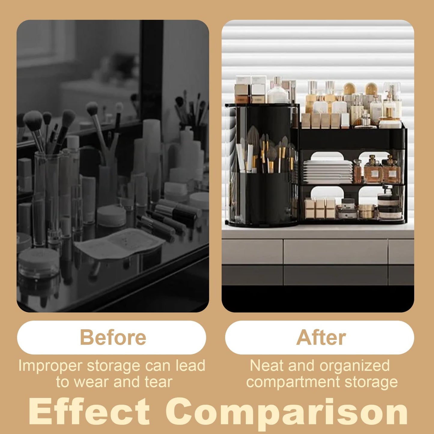 Fortuccai Makeup Organizer with 360° Rotating Brush Holder, Vanity Countertop Skincare Holder, Removable Cosmetic Display Cases, Lotions Storage Box & Dust-proof 4 Slot Make up Brushes Cup (Beige)