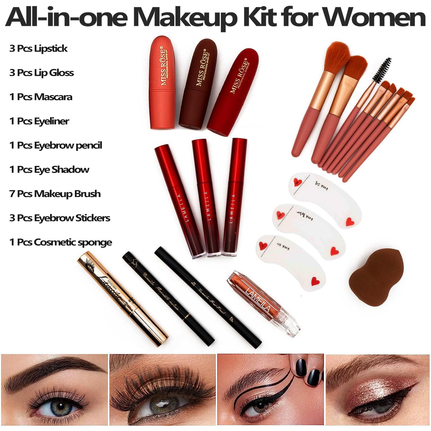 MISS ROSE M 187 Colors Professional Makeup Palette - All-in-One Kit With Eye Shadows, Lipsticks, Mascara, Foundations, Blushes, Brow Pencils, Nail File - Makeup Gift Set for Women and Girls