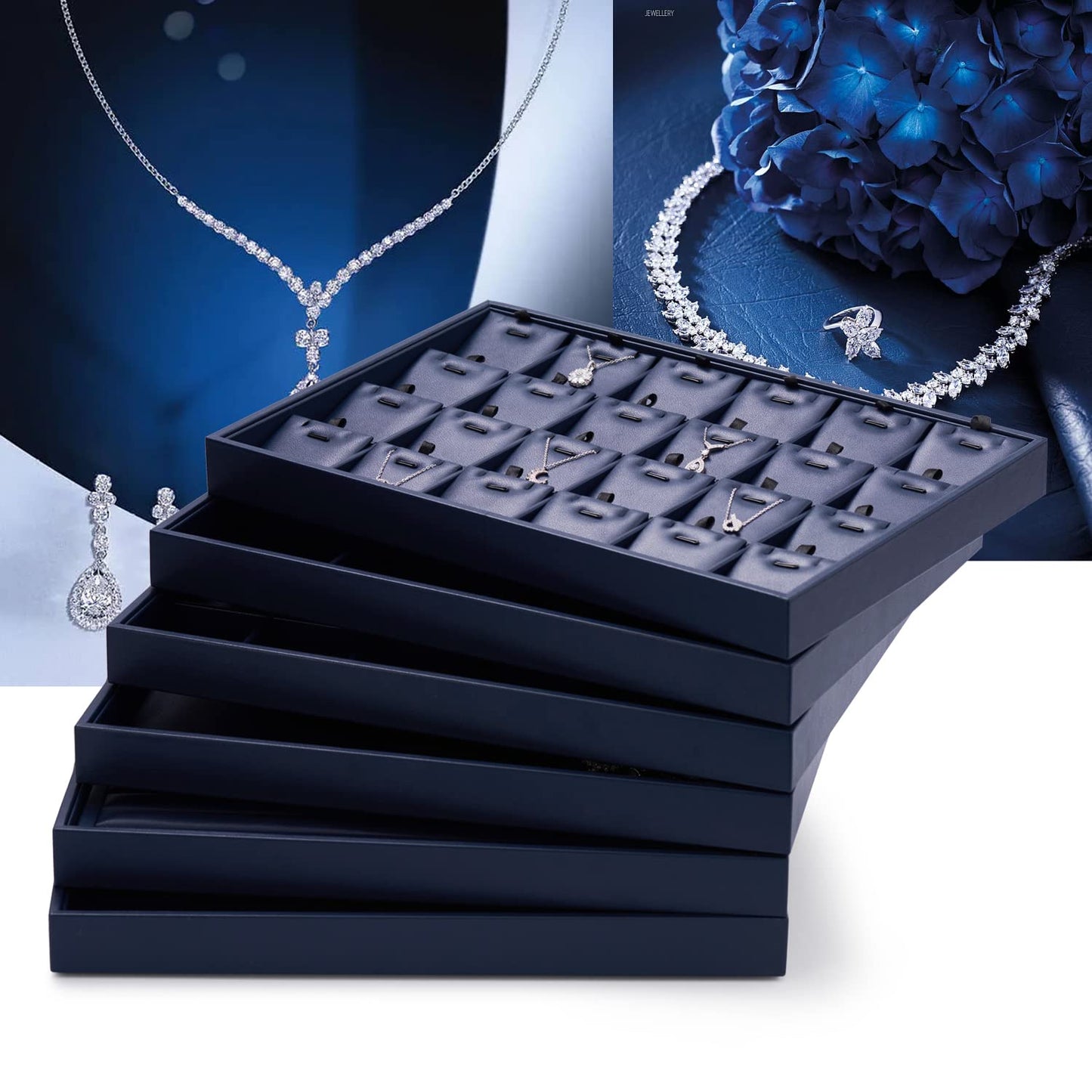 Oirlv Elegant Blue Jewelry Display Tray Stackable Jewelry Trays Jewelry Drawer Organizer Rings Earrings Necklace Storage