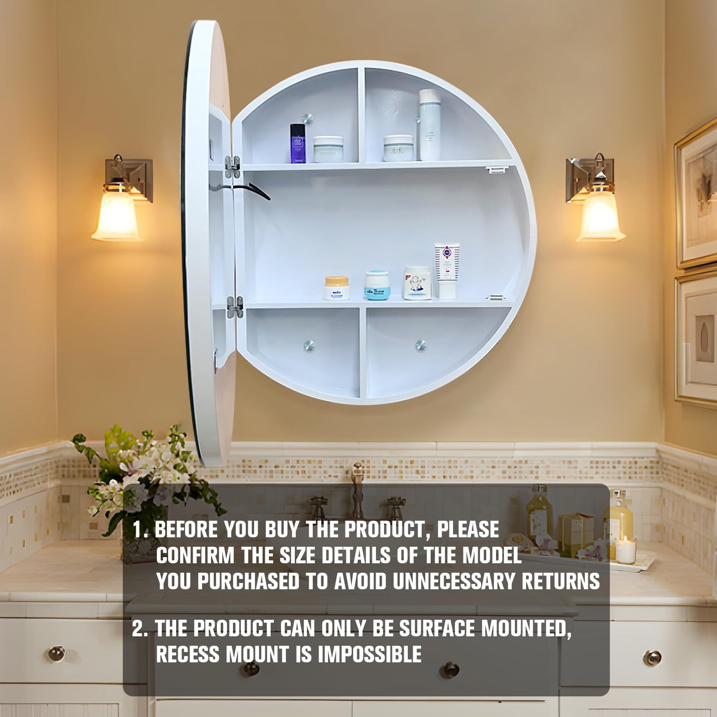 Janboe 26inch Round Medicine Cabinet with Lights,Led Medicine Cabinet with Demister,Illuminated Bathroom Mirror Cabinet,Dimmable,Anti-Fog,3 Color Temperature,White