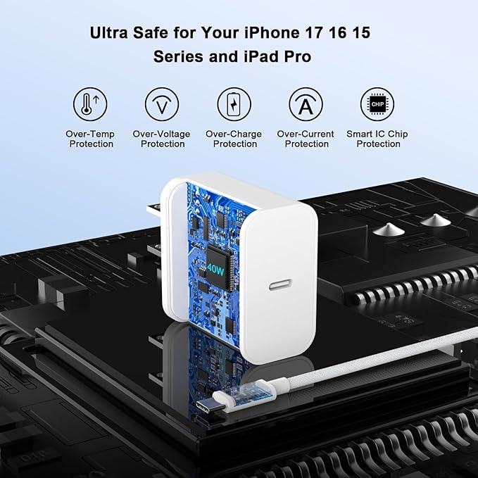 iPhone 17 Pro Max Charger Fast Charging, 40W USB C iPhone 17 16 15 Fast Charger Block with 10FT Long Woven Type C Charging Cable Cord for iPhone 17/17 Pro Max/17 Pro/Air/16/16 Pro Max/15/15 Pro Max