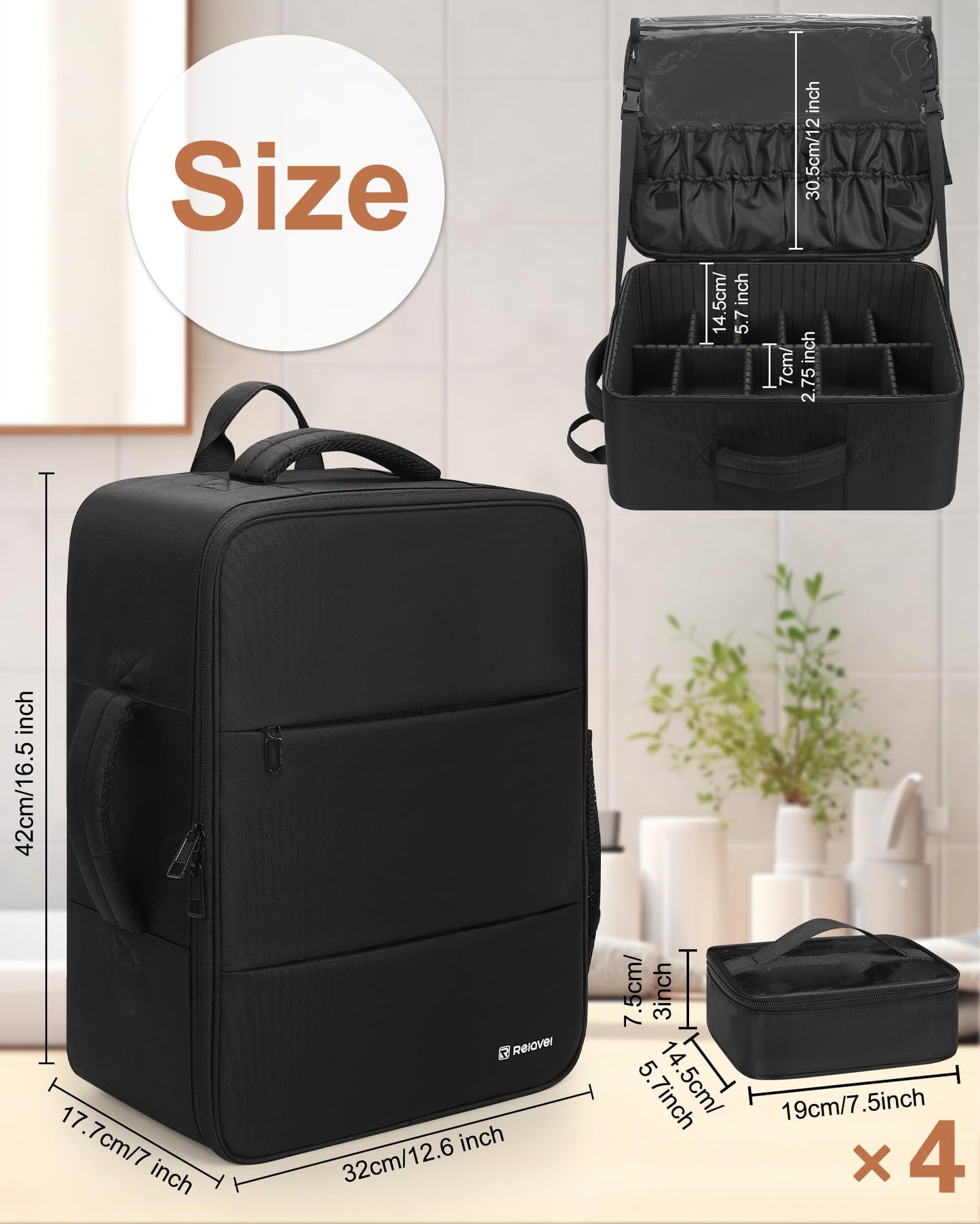 Relavel Makeup Backpack Extra Large Travel Train Case Professional Makeup Artist Kit Set Bag with 4 Clear Bags, Brush Storage Organizer Box with Dividers for Cosmetic Hair Tools Barber Supplies, Black
