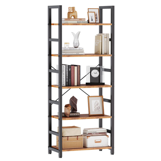 DUMOS 5-Tier Bookshelf, Modern Tall Bookcase, Open Storage Display Shelf for Living Room, Bedroom, Home Office, Narrow Standing Shelving Unit for Books, CDs, Décor，Rustic Brown