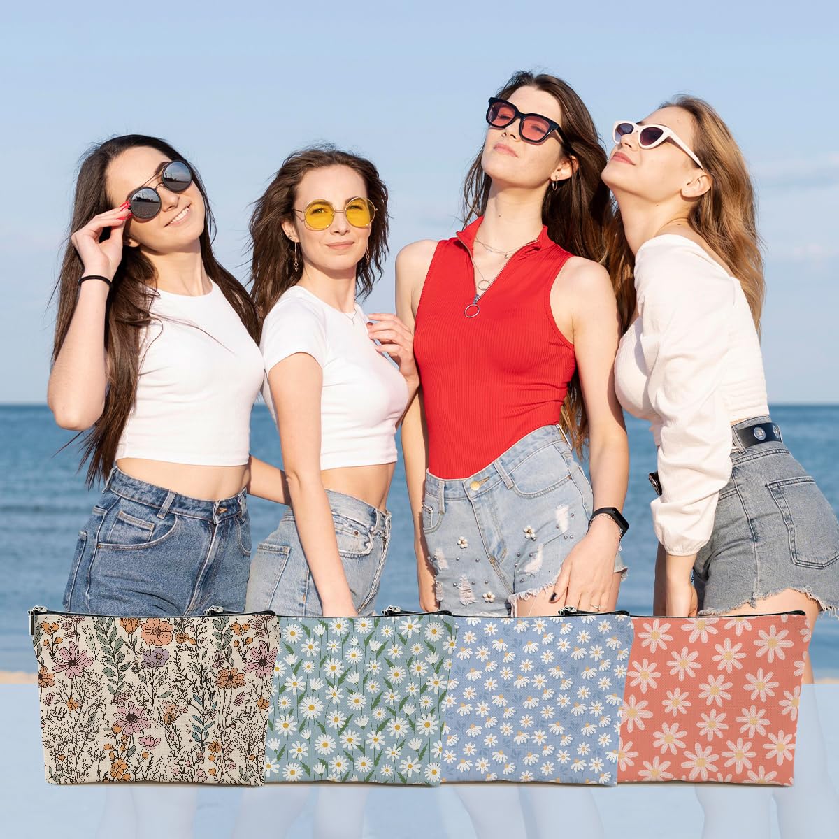 DHKG 4pcs Vintage Floral Makeup Bag, Daisy Flower Cosmetic Bag Garden Gifts for Women Female Girls Sister BFF Nature Lover, Travel Zipper Pouch Christmas Thanksgiving Birthday Gifts