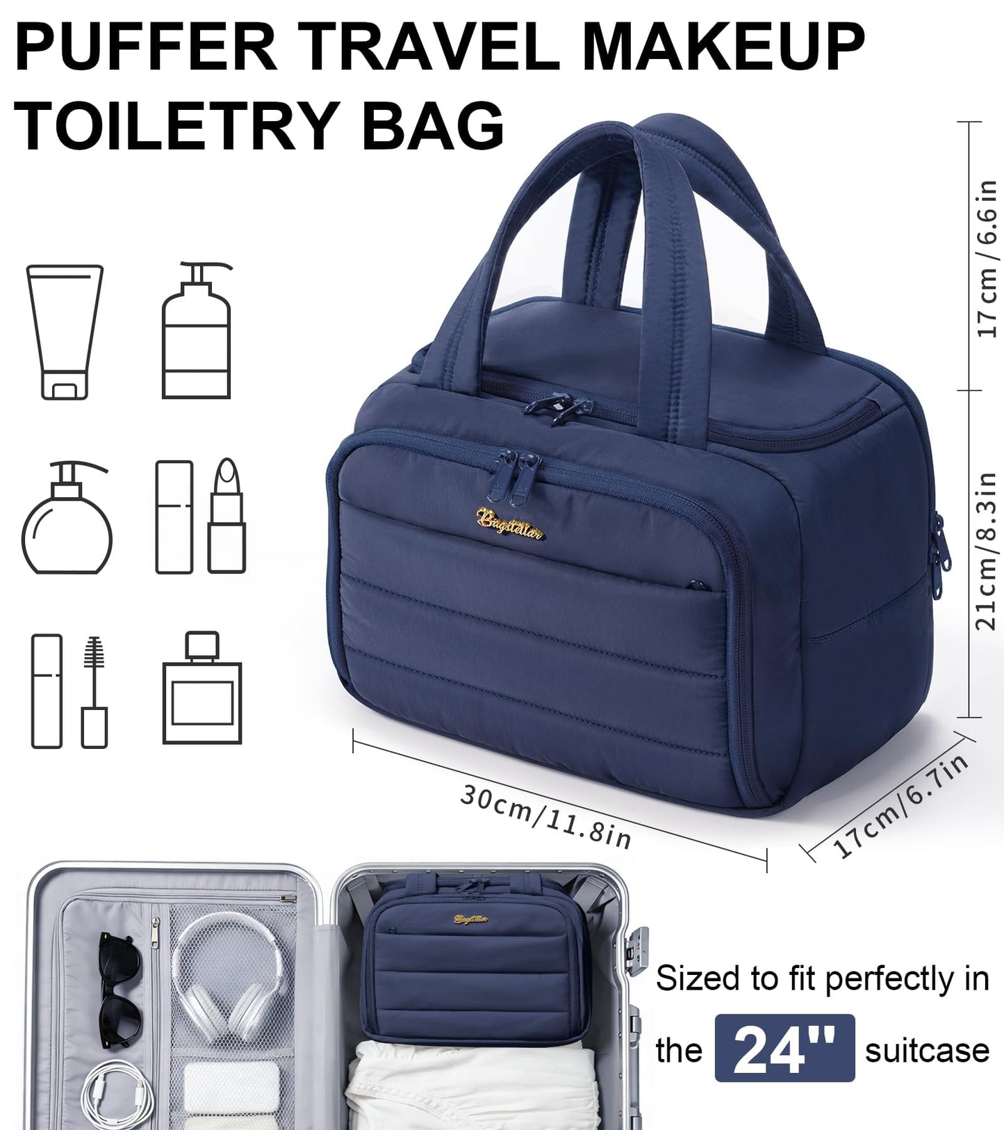 Bagstellar Travel Toiletry Bag for Women, Lightweight Large Quilted Puffy Makeup Bag Wide-open Make up Organizer Cloud Cosmetic Bag w/Handle for Traveling Toiletries Essentials Accessories Navy Blue