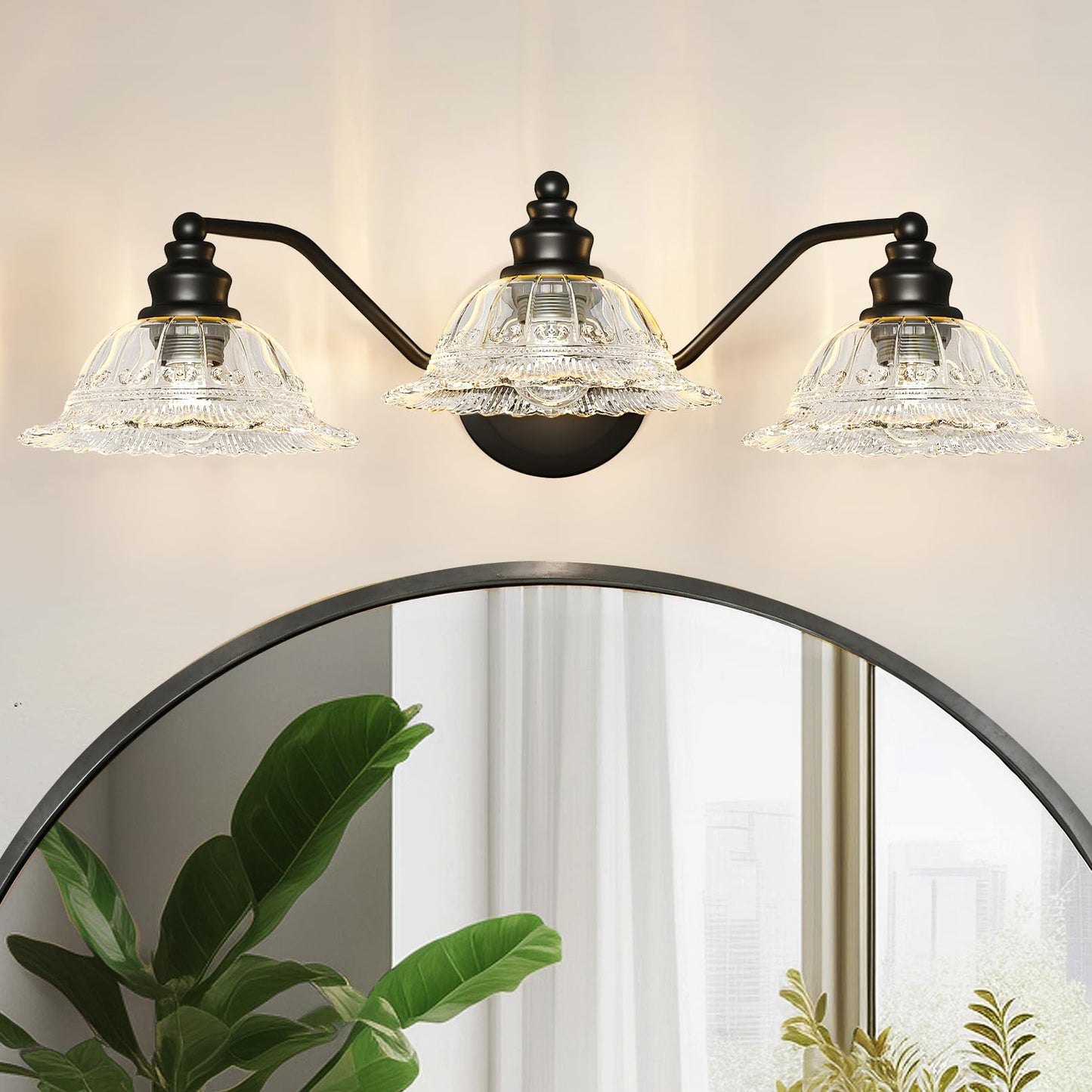 Redluck Vintage Bathroom Vanity Light Fixture, 3-Light Bathroom Lighting Fixtures Over Mirror, Matte Black Finish with Crystal Glass Shade, Wall Sconces Lighting for Bedroom, Living Room, Hallway