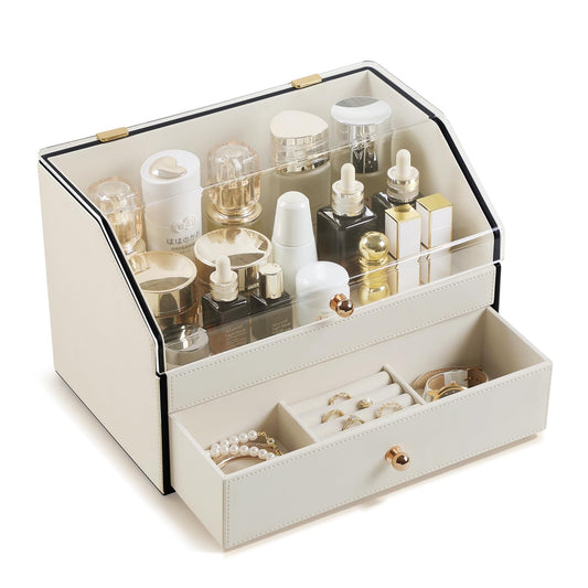 naiwenmoer Leather Makeup Organizer & Skincare Storage Rack - Cosmetic Display Case with Dustproof Transparent Cover, Drawer Jewelry Storage, for Bedroom Vanity, Perfume & Lipstick Organizer - White