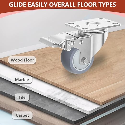 3 Inch Stainless Steel Caster Wheels with Brake, Heavy Duty 304 Casters Set of 4, Non-Marking TPR Quiet Wheels, 2600 lbs, Swivel for Furniture, Labs, Kitchens, Industrial with Hardware Kits