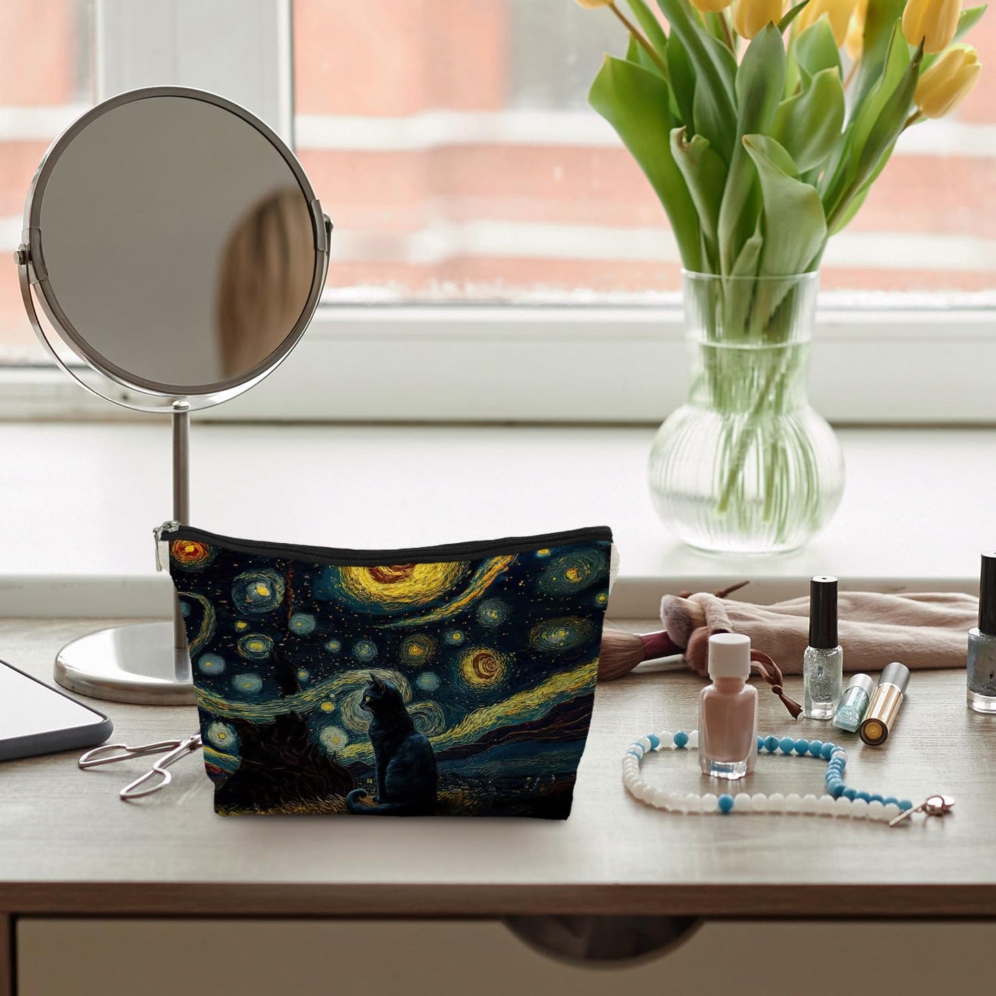 ignytiger Starry Night Black Cat Makeup Pouch Cosmetic Bag Mom Lady Gifts for Women Cat Lovers, Cat Bag for Women