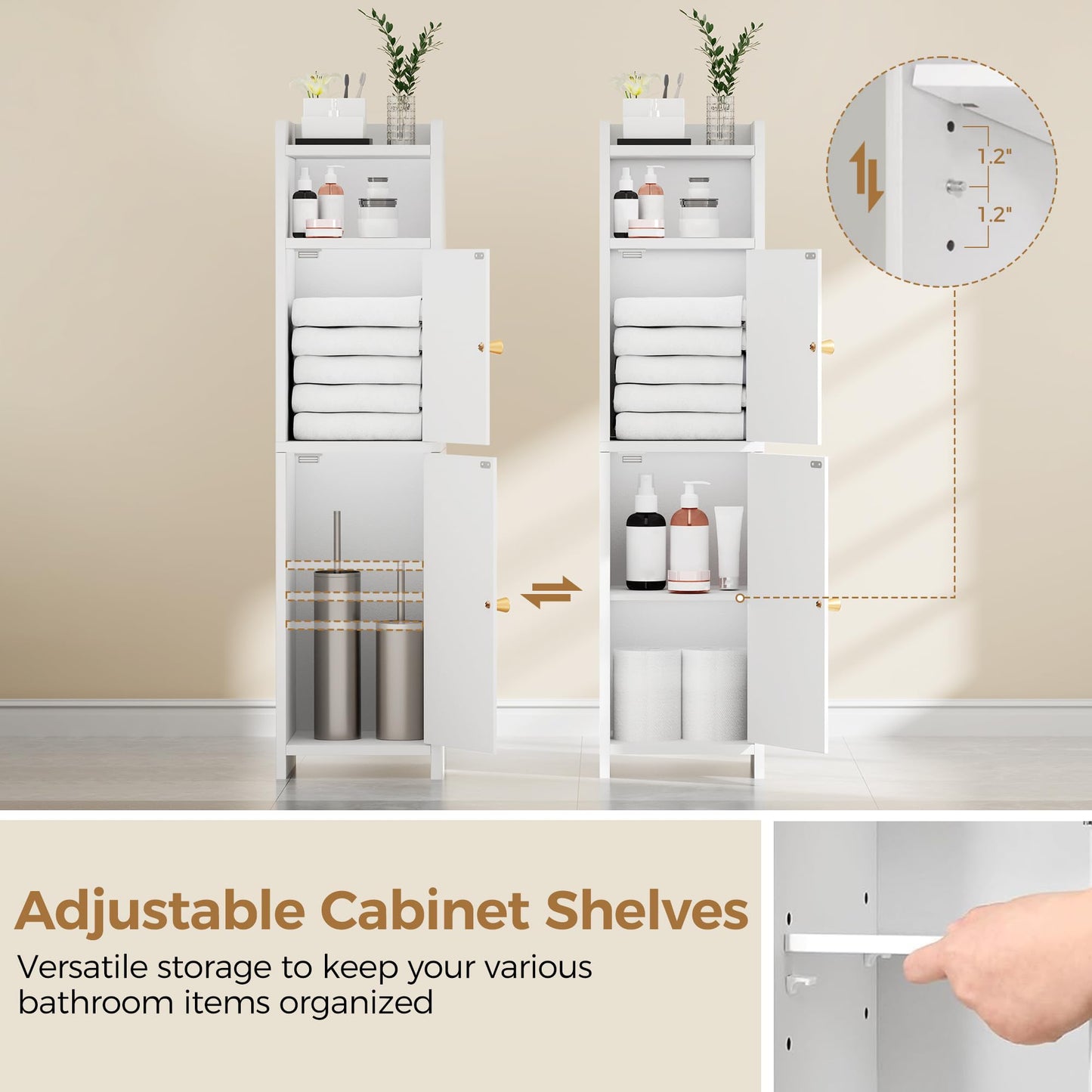 BEWISHOME Small Bathroom Cabinet, Bathroom Storage Cabinet with Adjustable Shelves & 2 Doors, Narrow Toilet Paper Cabinets, 7.9" D x 7.9" W x 31.5" H, for Small Spaces, White YYG03W