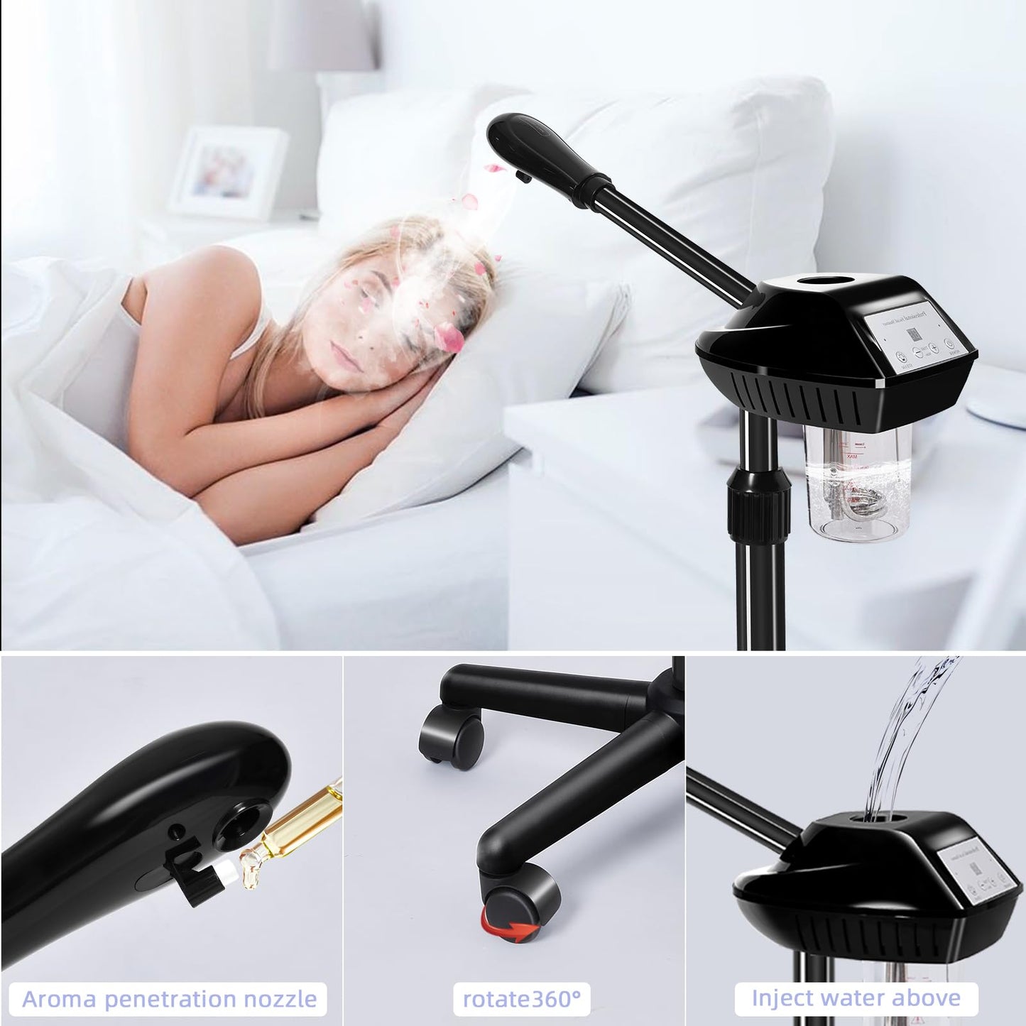 Retain time Rollable Facial Steamer with Powerful Steam Output, Adjustable Height Face Steamer, Professional Skin Hydrating Moisturizing Spa Machine for Home & Beauty Salon Use
