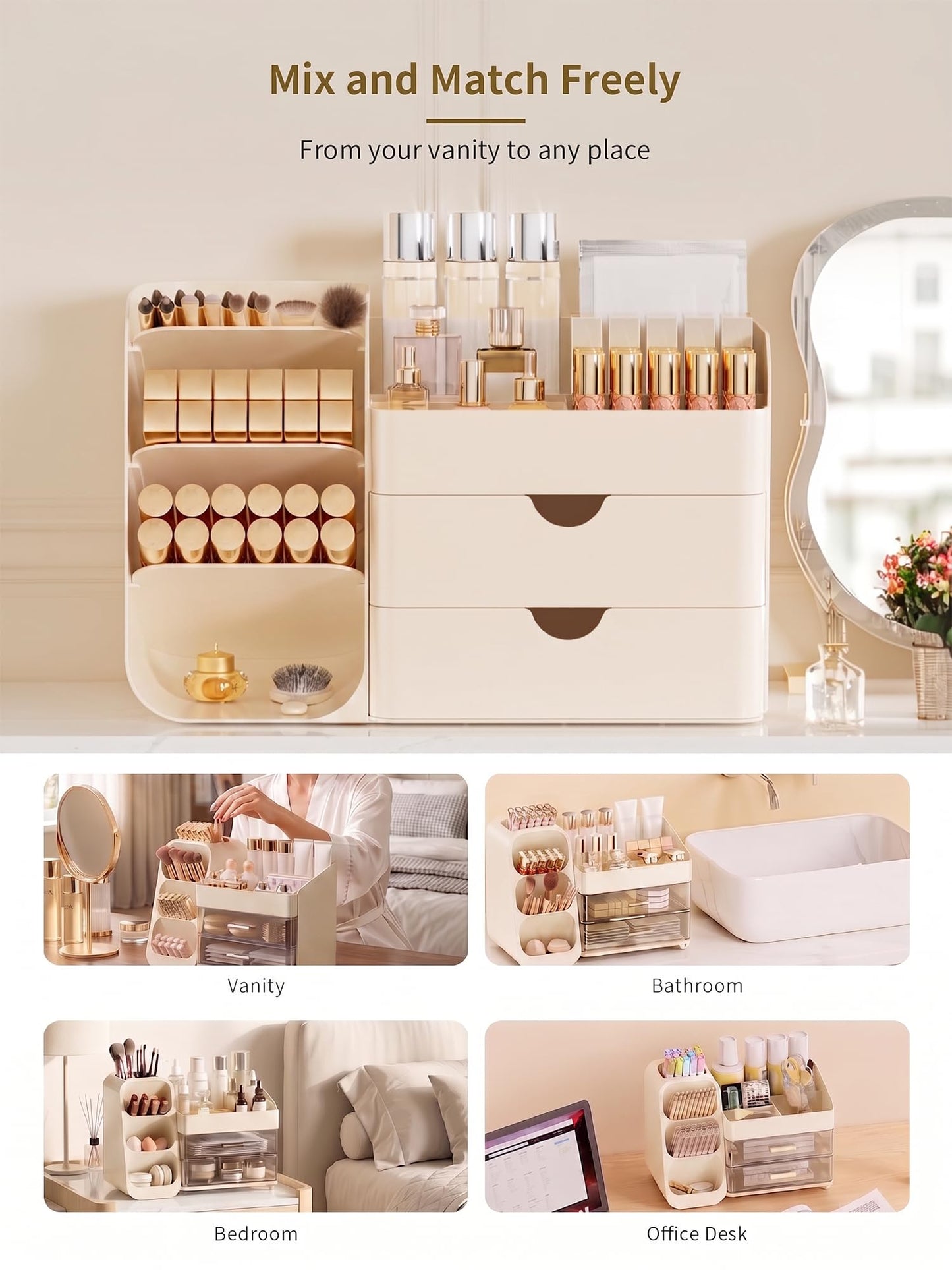 Booklov Makeup Organizer for Vanity, Countertop Cosmetic Display Case with Drawer, Bathroom Counter Beauty Caddy, Comfyroom Table Storage Holder for Skincare, Brush Eyeliner Eyeshadow Lipsticks, Creem