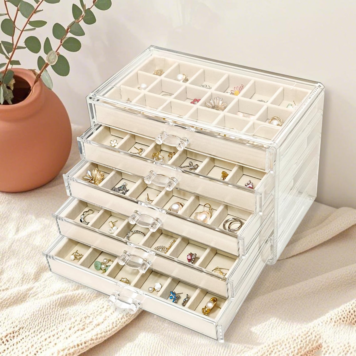 HOUKANWE Acrylic Earring Holder Organizer with 5 Drawers Clear Earring Organizer Box with 90 Adjustable Grids Velvet Earring Display Case Jewelry Organizer for Earrings Rings Studs (Beige)