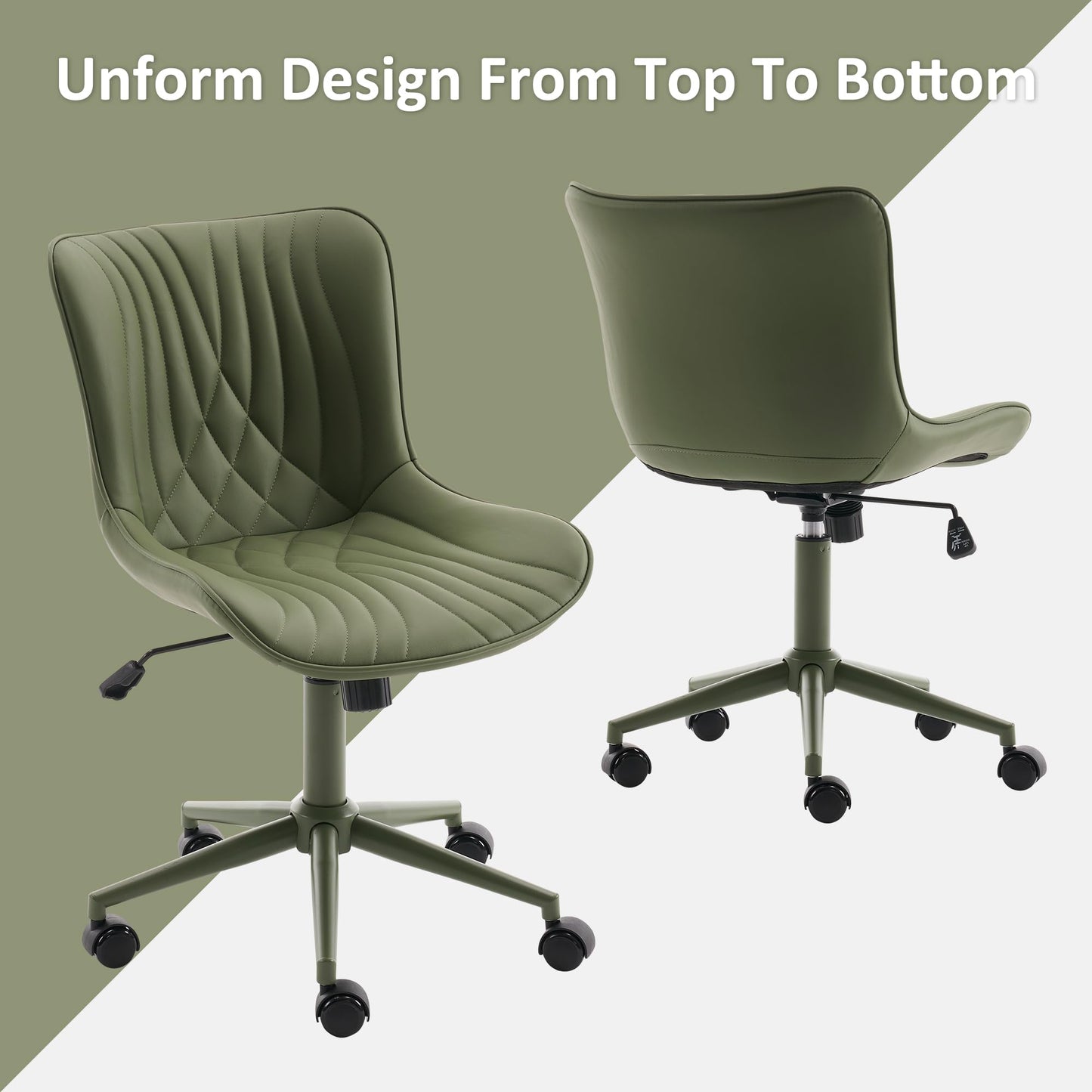 YOUTASTE Green Armless Office Chair, Modern Adjustable Swivel Desk Chair with Wheels, Upholstered PU Leather, Green Metal Legs, Back Support for Home Office, Study, Vanity, Bedroom