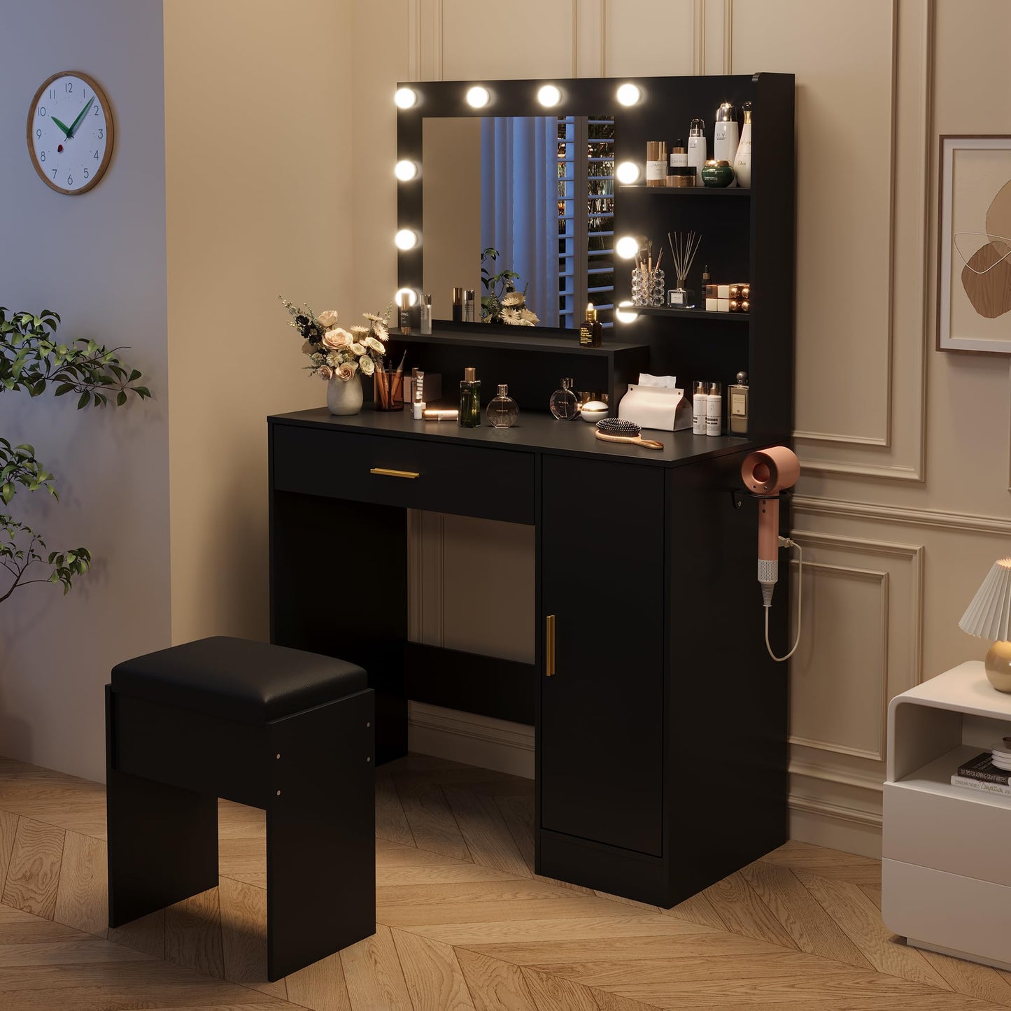 Garvee 35.4-Inch Vanity with Mirror, Featuring Three-Level Adjustable Lighting, a Drawer Unit, Shelves, an Outlet, and a Stool. a Compact Vanity Suitable for Living Rooms and Apartments – Black