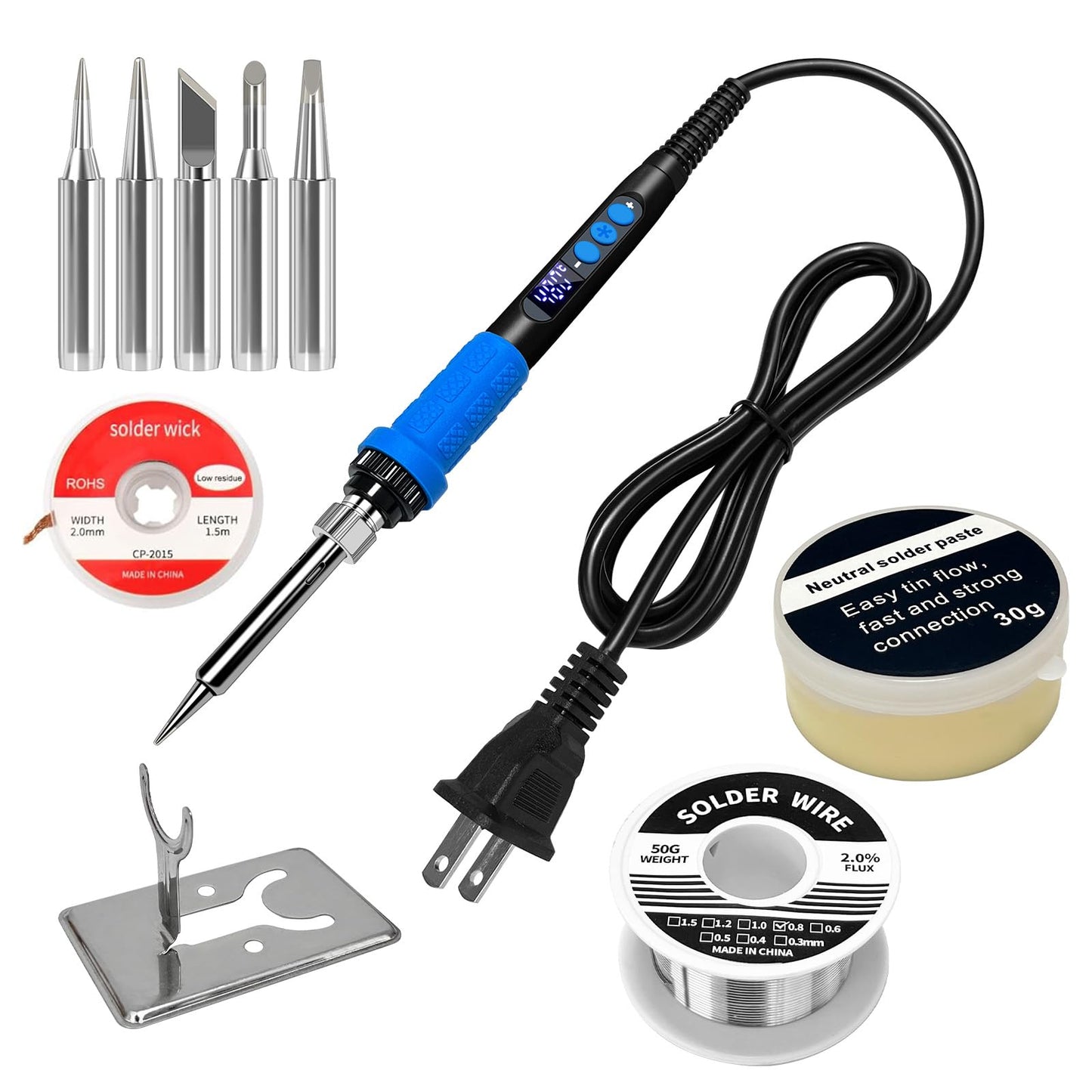 FUMEIYI 909A 90W Blue Soldering Iron Kit with LED Display & Ceramic Heater, Adjustable Temperature Digital Soldering Tool, Includes Tips, Solder Wire, Stand, Desoldering Wick, Flux Paste