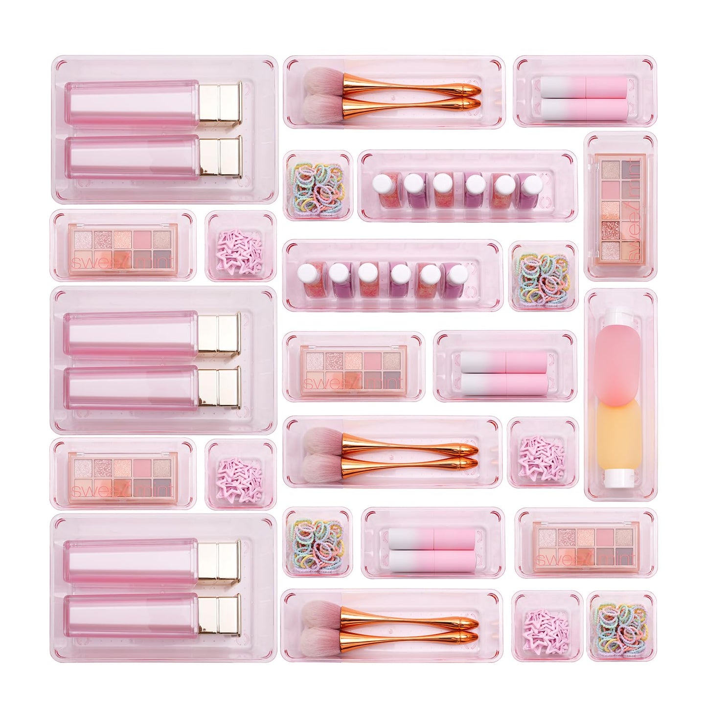 Trotianingyu Kitchen Desk Drawer Organizers Storage for Office, Small Acrylic Vanity Trays Makeup Organizer for Drawer Bathroom Plastic Make up Organizers 25 Pcs Pink