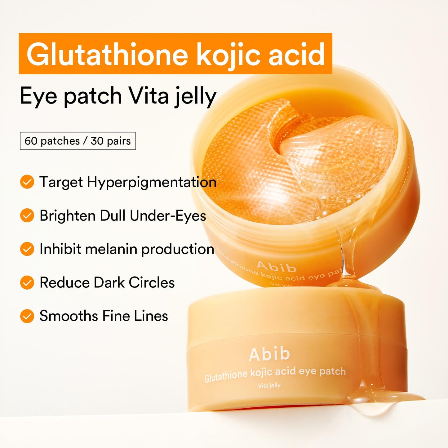 Abib Glutathione Kojic Acid Eye Patches for Radiance Dark Circles & Dark Spots, with Tone-up Jelly, 60 Count, Korean Skin Care