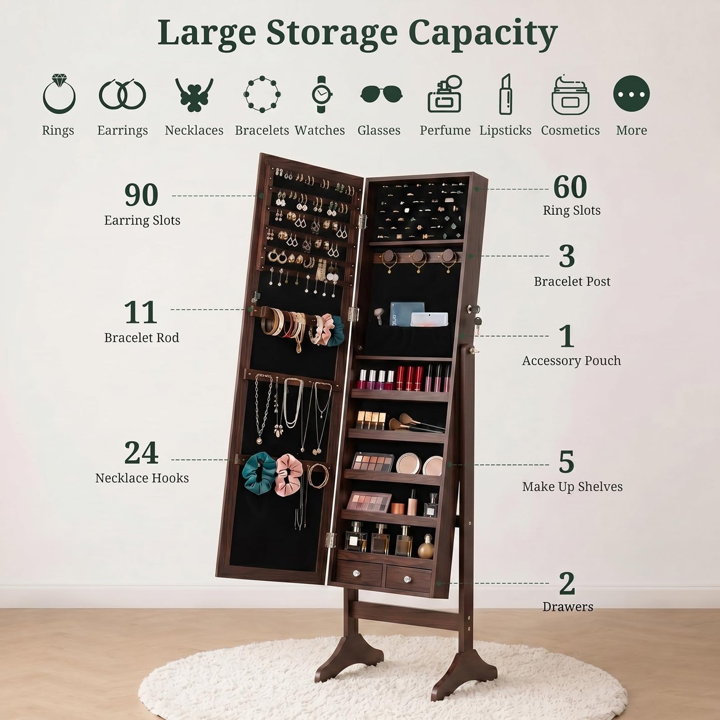 Freestanding Jewelry Armoire Cabinet, 47.3" Full Length Mirror Jewelry Organizer, Lockable Standing Jewelry Storage Cabinet with Velvet Lining, Makeup Organizer with Adjustable Angles (Brown)
