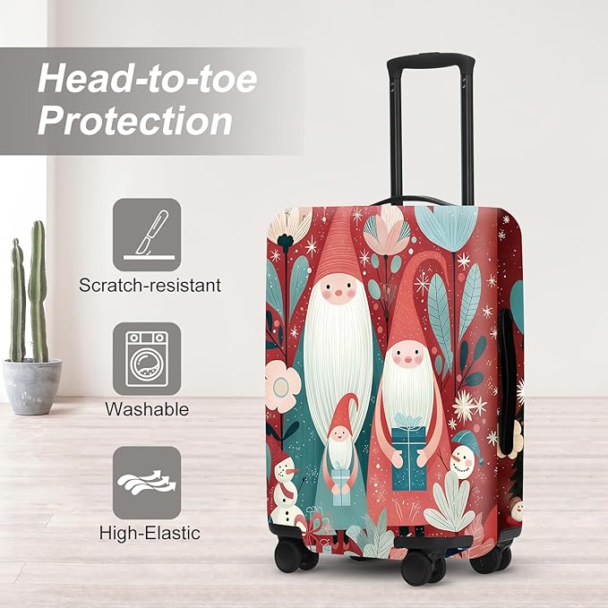Christmas Gnome Luggage Cover - Red Background with Santa's Helpers, Trees and Snowmen, Elastic Holiday Travel Case for 24 26 Inch Bag