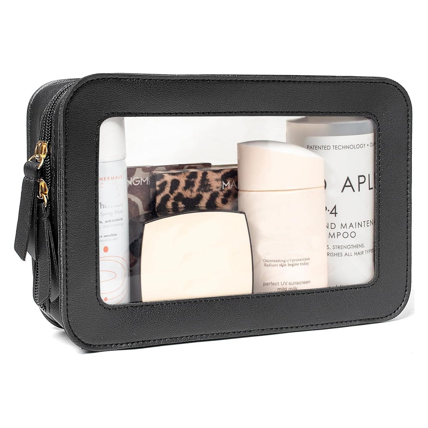 FFpaw Clear Makeup Bag Organizer, TSA Approved Portable Travel Toiletry Bag Clear Cosmetic Bag Case Small Make Up Bag Mini Makeup Pouch for Purse Car Essentials for Women Men (Black)