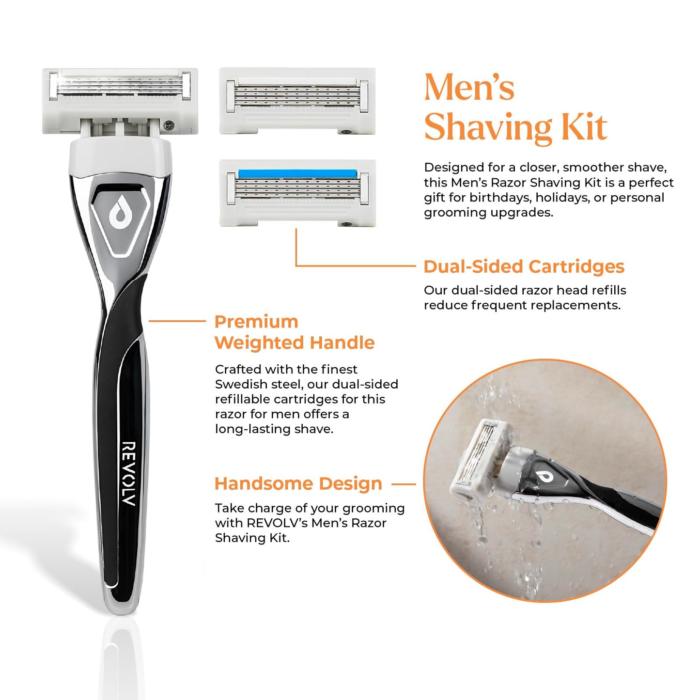 REVOLV - Men’s Razor - 1 Premium Weighted Handle + 1 Dual-Sided Cartridge - For a Closer, Smoother Shave - Safe on Sensitive Skin - Black