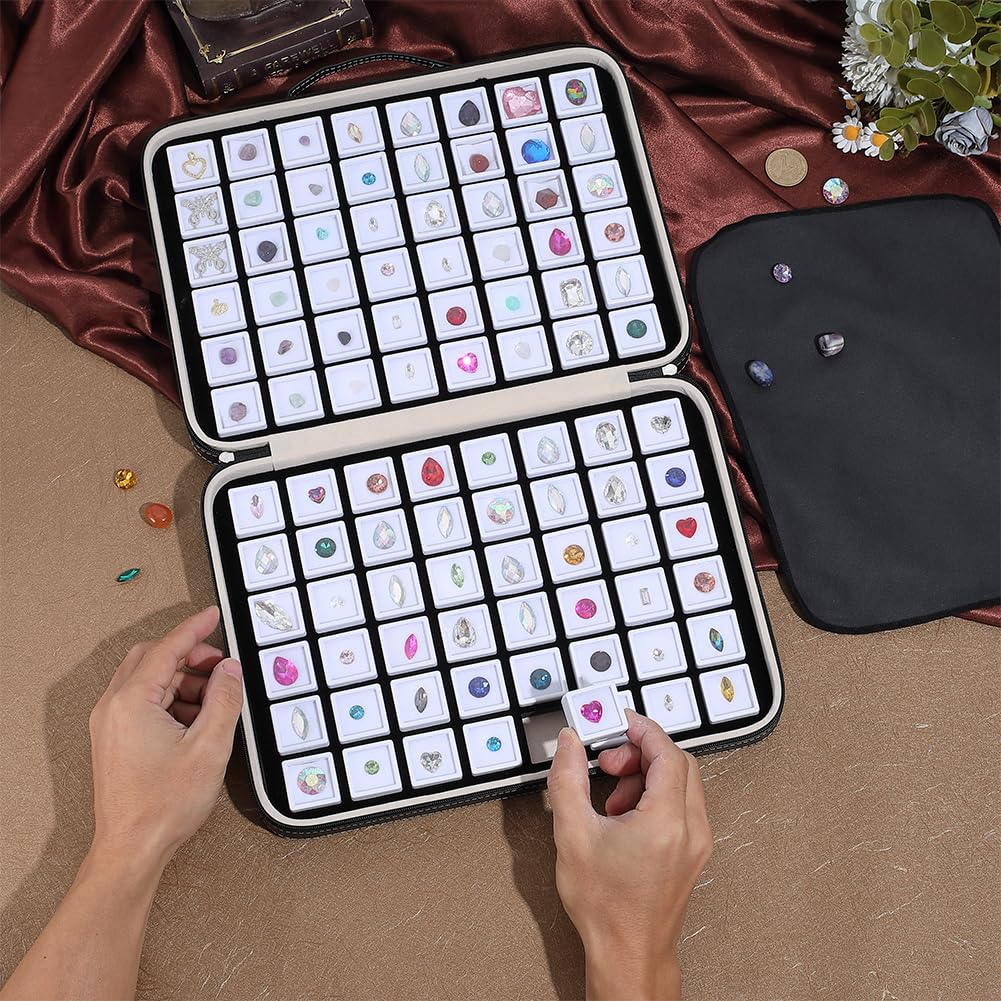 PH PandaHall 96pcs Gemstone Storage Box 1.1" Diamond Displays Case Leather Crystal Collection Box Jewelry Storage Container White Gem Jars with Foam Insert for Rhinestone Diamond Showcase Collectibles
