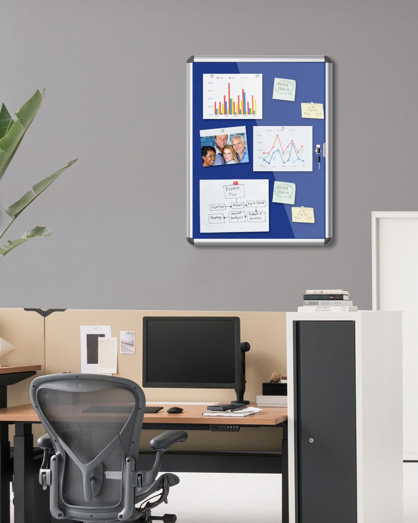 Mifuro 26"x20" Enclosed Bulletin Board, Lockable Weather-Resistant Aluminum Cork Noticeboard for School & Office, Silver Frame w/Blue Flet