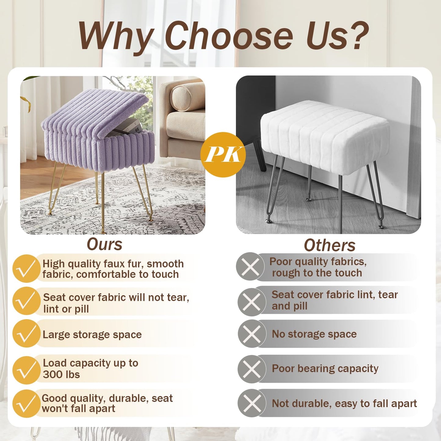 EBENCHICO Vanity Stool Chair with Storage, Faux Fur Stools for Vanity Makeup, Foot Stool Ottoman with 4 Metal Legs, Small Vanity Bench Seat Chairs for Living Room Bedroom
