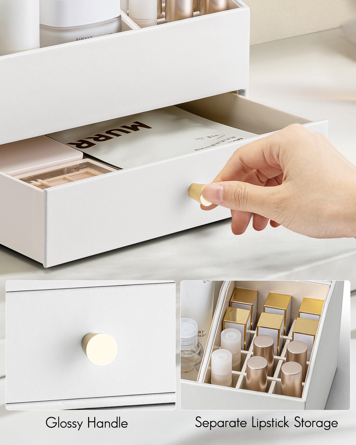 VLANDO Makeup Organzier,Vanity Organizer with Drawers, PU Leather Skincare Organizer Perfume Organizer,Large Cosmetic Display Case for Lipstick,Brushes Gifts for Women-White