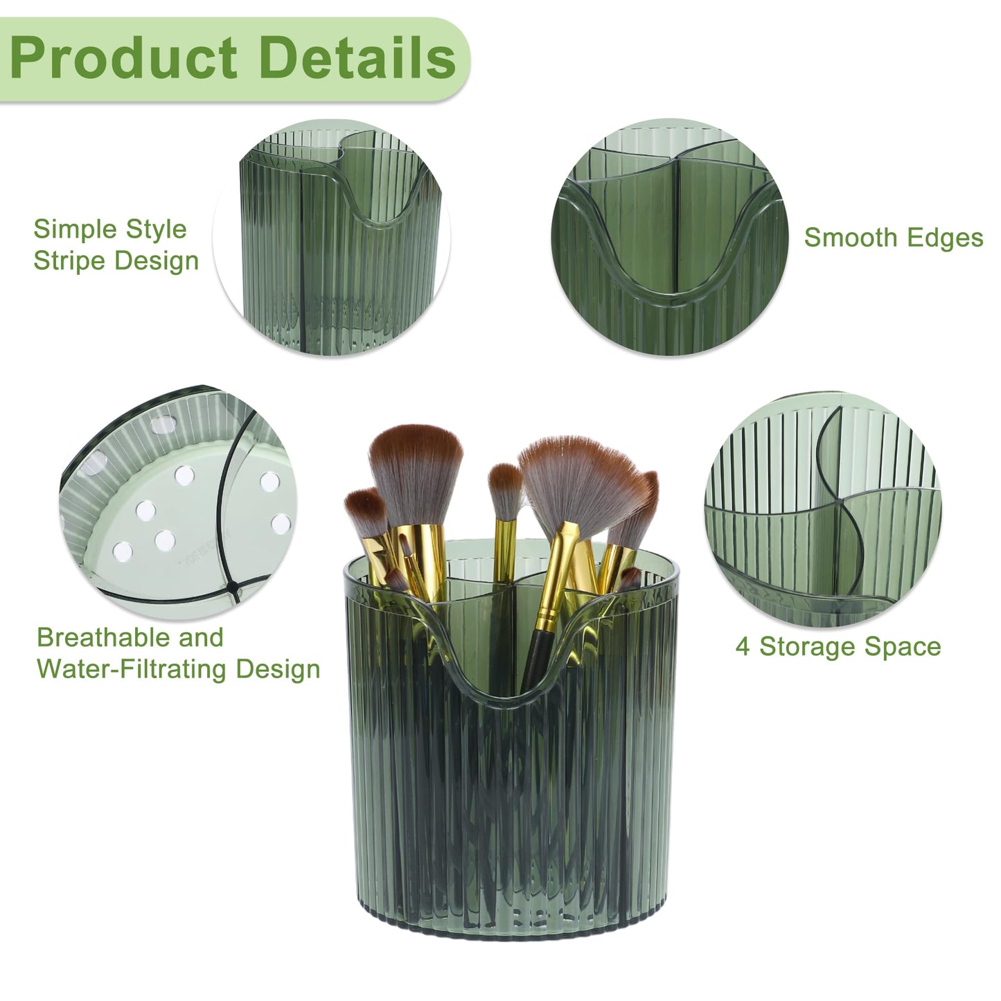 VOCOSTE Makeup Brush Cup, Makeup Organizer, 4 Slot Makeup Brush Holder, Cosmetics Storage Cup, for Vanity for Desktop, for Bathroom Countertops, Clear Green
