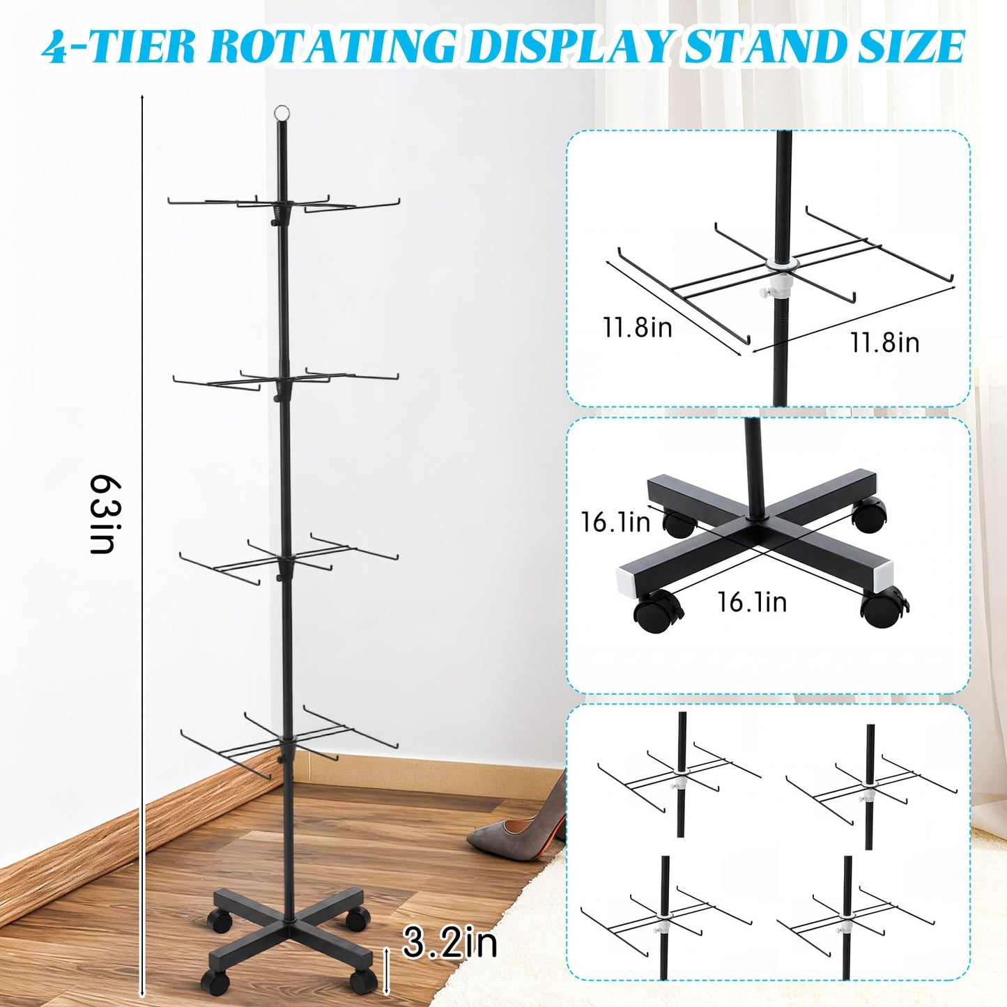 Ripeng 1 Pcs 4-Tier Rotating Display Stand with Wheels, Adjustable Spinning Display Rack, Movable Shop Spinner for Earrings Keychains Jewelry Craft Shows Vendor Events & Stores, Black