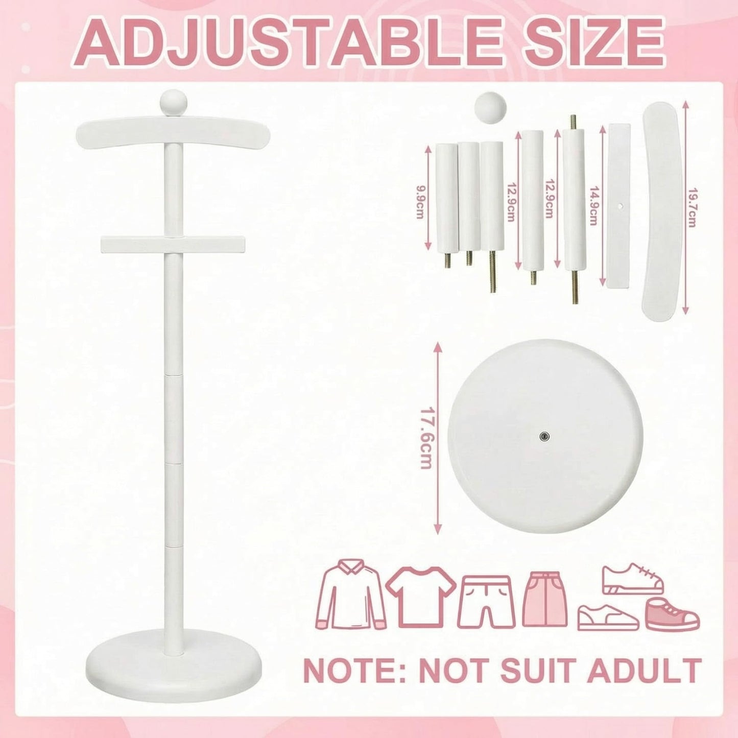 Bucherry 2 Pack Baby Clothes Display Stand Wooden Baby Shower Centerpiece Adjustable Height Circle Shaped Dress Hanger Doll Dress Outfit Stand Rack Hand Assembled Hangers Display Set (White Color)
