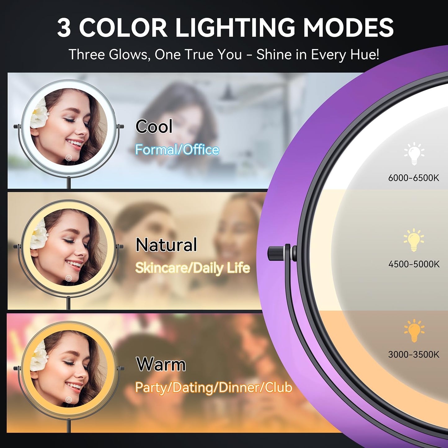 Auxmir 9" Large Lighted Makeup Mirror with Magnification, 1X/30X Double Sided Magnifying Mirror with Adjustable Height, Rechargeable Vanity Mirror with 3 Color Dimmable Lights, 360° Rotation