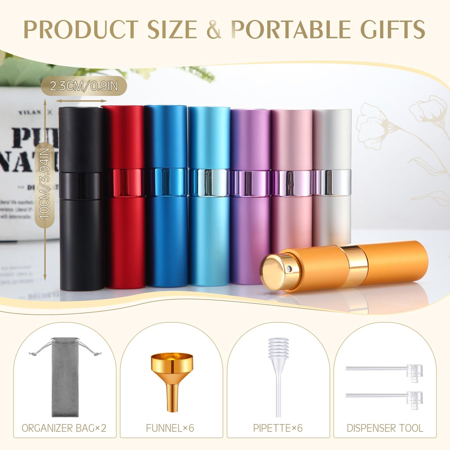 Honeydak 16 Pack 8 ml Perfume Travel Refillable Perfume Atomizer Mini Refillable Spray Travel Bottles Empty Cologne Sprayer Portable Atomizer with Funnel, Dispenser, Bag(Multicolor)