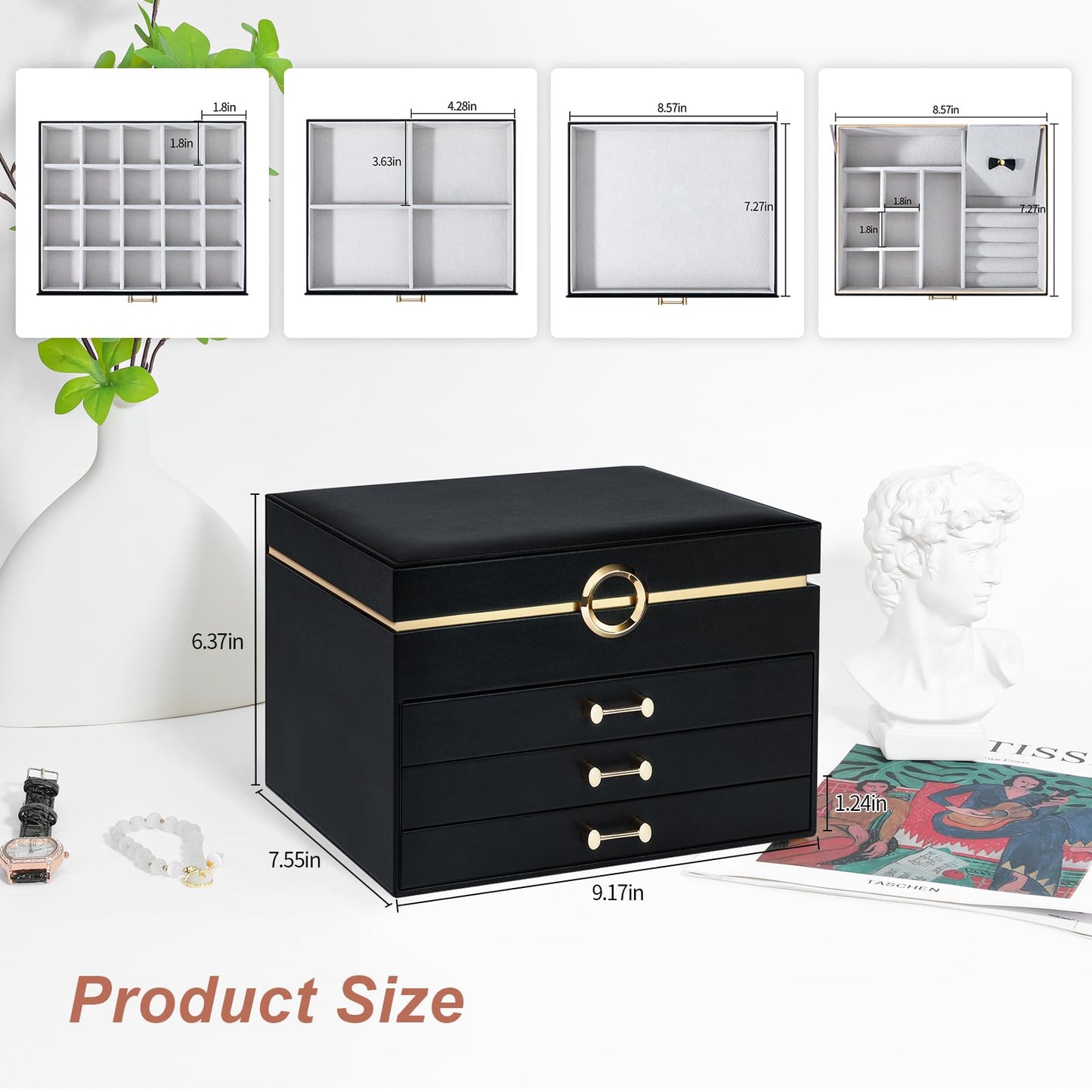 V-LAFUY Jewelry Boxes for Women, Large Jewelry Storage Boxes, 4-Layer Leather Jewelry Organizer with 3 Drawers, Jewelry Display Case Gift for Women Girls, Black