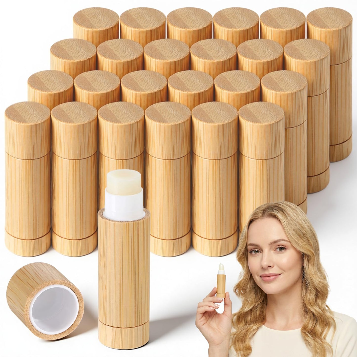 AOZUO 24 Pcs Bamboo Empty Lipstick Tubes, 5g Refillable Lip Balm Tube Containers with Clear Plastic Rotable Inner DIY Cosmetic Lipstick Lip Gloss Case Holder for Women Girls Homemade Balm Makeup