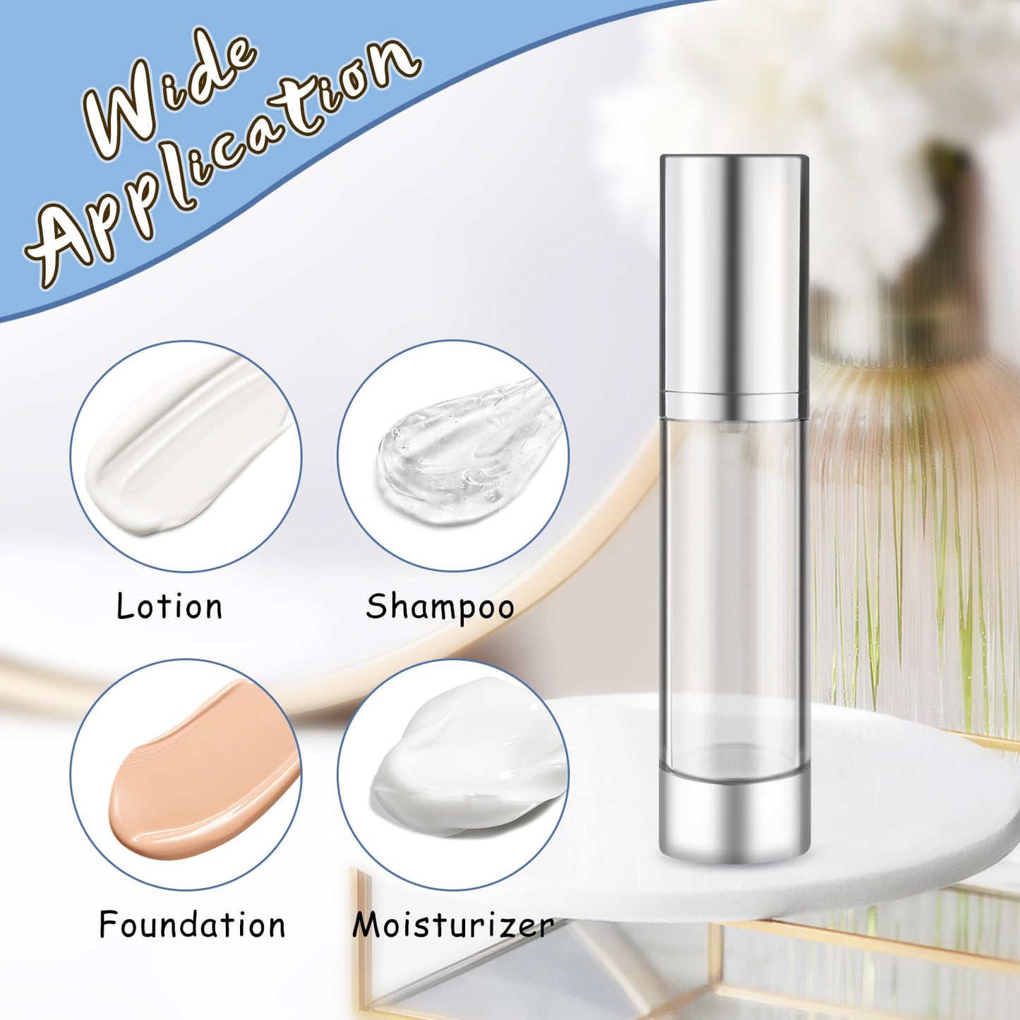 DynnnDy 50ml/1.7oz Empty Airless Pump Bottles with Silver Pump Head 8 Pcs Plastic Vacuum Bottle Refillable Cosmetic Containers for Lotion Cream Foundation,1Funnel & 1 Pipette